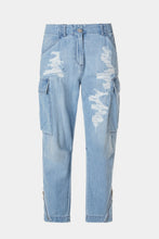 Load image into Gallery viewer, CARGO PANTS IN LIGHT WASH DENIM WITH ANKLE ZIPPERS, RIPS AND BEJEWELLED DETAILS
