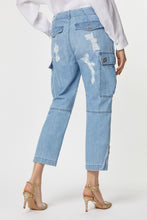 Load image into Gallery viewer, CARGO PANTS IN LIGHT WASH DENIM WITH ANKLE ZIPPERS, RIPS AND BEJEWELLED DETAILS
