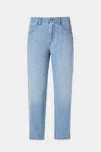 Load image into Gallery viewer, FIVE-POCKET JEANS IN LIGHT WASH DENIM WITH BEJEWELLED DETAILS AND FRAYED HEMS
