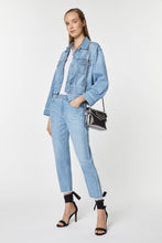 Load image into Gallery viewer, FIVE-POCKET JEANS IN LIGHT WASH DENIM WITH BEJEWELLED DETAILS AND FRAYED HEMS
