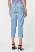 Load image into Gallery viewer, FIVE-POCKET BOYFRIEND JEANS IN LIGHT WASH DENIM WITH RIPS AND BEJEWELLED DETAILS
