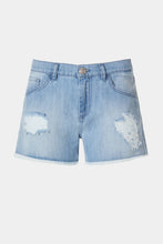 Load image into Gallery viewer, FIVE-POCKET SHORTS IN LIGHT WASH DENIM WITH RIPS, BEJEWELLED DETAIL AND FRAYED HEMS
