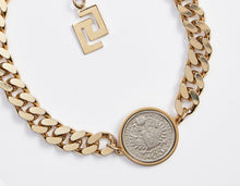 Load image into Gallery viewer, GOLD METAL CHOKER WITH OVERSIZED SILVER COIN
