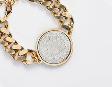 Load image into Gallery viewer, GOLD METAL BRACELET WITH OVERSIZED SILVER COIN
