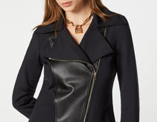 Load image into Gallery viewer, BIKER JACKET IN ENGINEERED STRETCHY JERSEY WITH FAUX-LEATHER DETAILS
