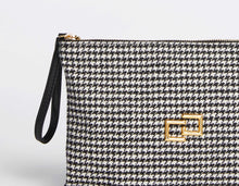 Load image into Gallery viewer, HAND-HELD CLUTCH IN A HOUNDS-TOOTH PRINT WITH GOLDEN LOGO
