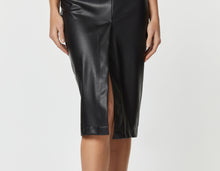 Load image into Gallery viewer, FAUX LEATHER MIDI SKIRT WITH GOLD BUTTON AND CENTRE SPLIT
