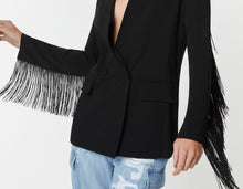 Load image into Gallery viewer, DOUBLE-BREASTED BLAZER IN STRETCHY VISCOSE CRÊPE, COLLARLESS AND FRINGED
